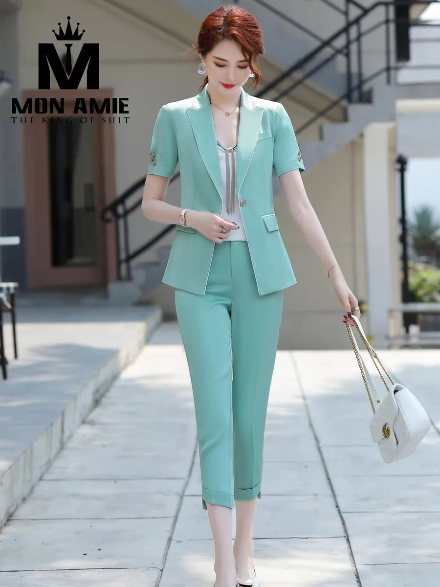 Mint Green Short-Sleeve Suit with White Piping