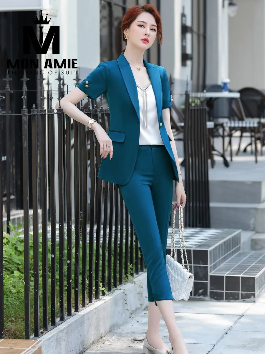 Peacock Teal Short-Sleeve Suit with Wide Lapel