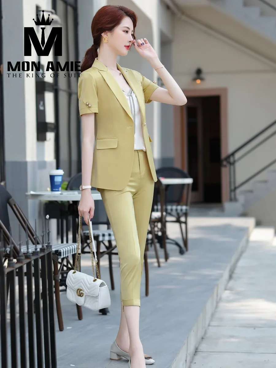 Soft Turmeric Short-Sleeve Suit with Flap Pockets