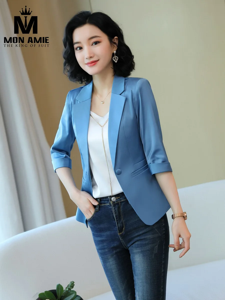 Blue Satin-Sheen Three-Quarter Sleeve Blazer