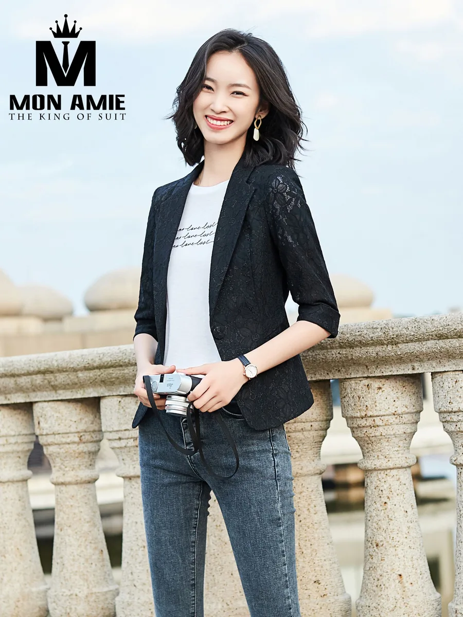Black Lace Three-Quarter Sleeve Women's Blazer