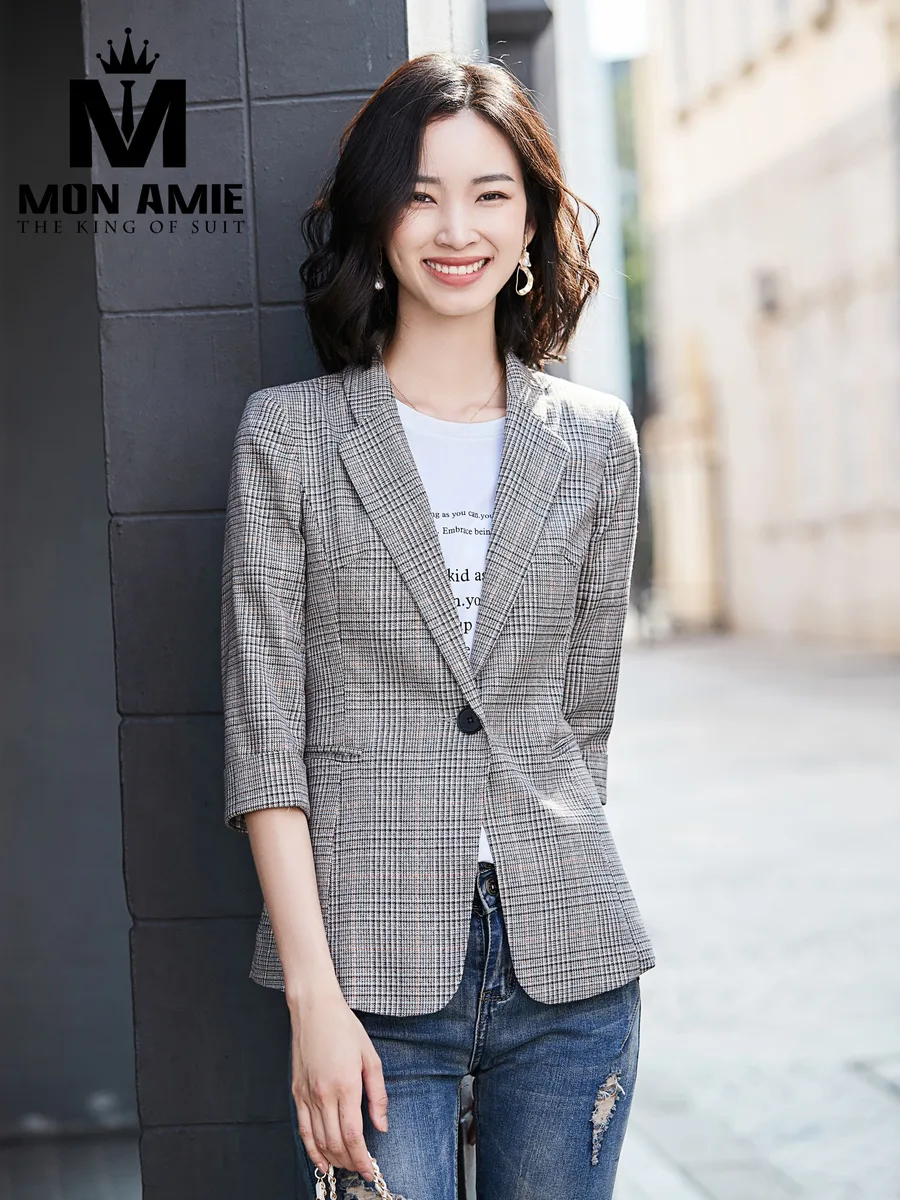 Grey-Brown Check Three-Quarter Sleeve Women's Blazer