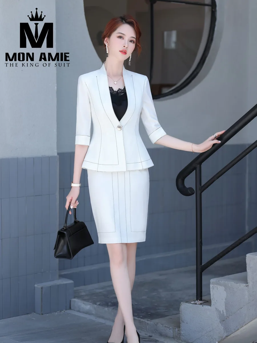 White Suit with Black Contrast Stitching and Pencil Skirt