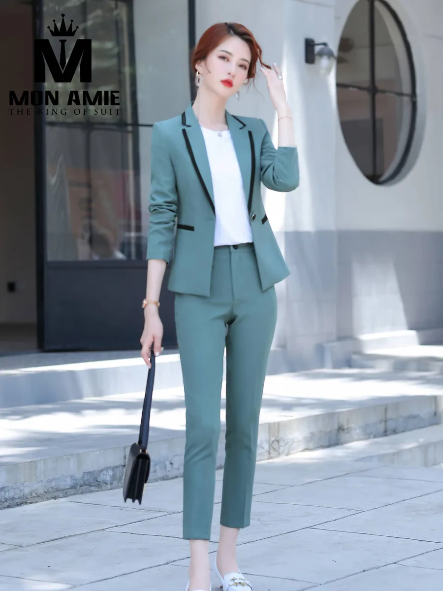 Grey-Teal Women's Suit with Black Lapel Trim and Slim Trousers