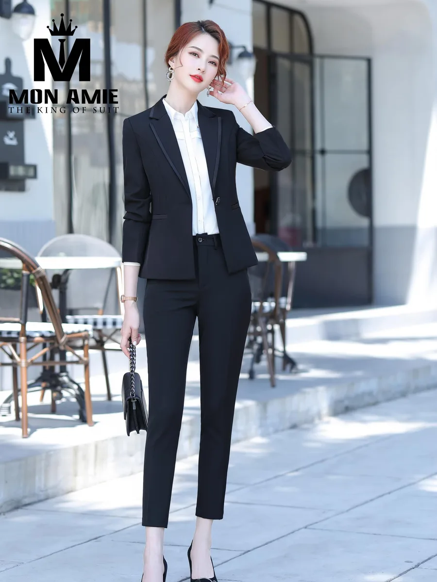 Black Women's Suit with Satin-Trimmed Lapel and Slim Trousers