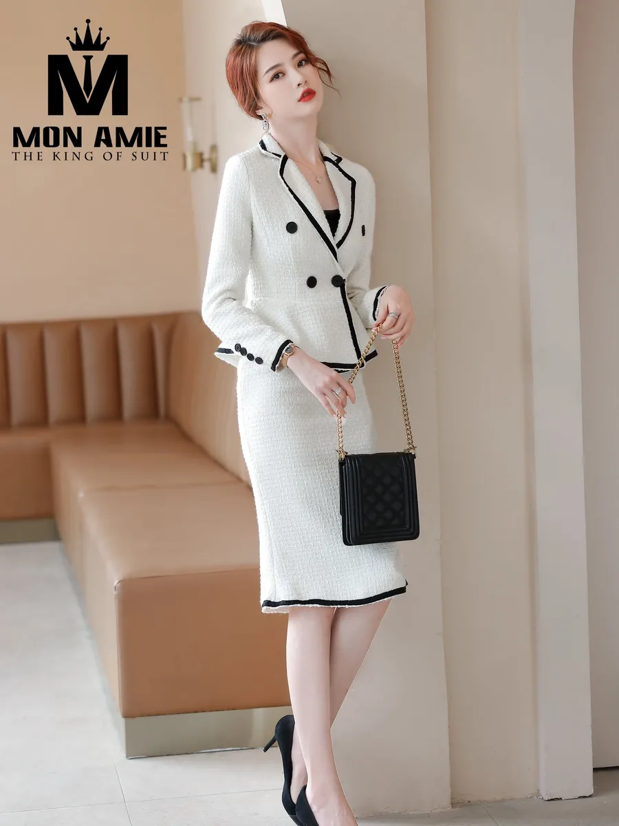 Cream Tweed Suit with Black Trim and Pencil Skirt