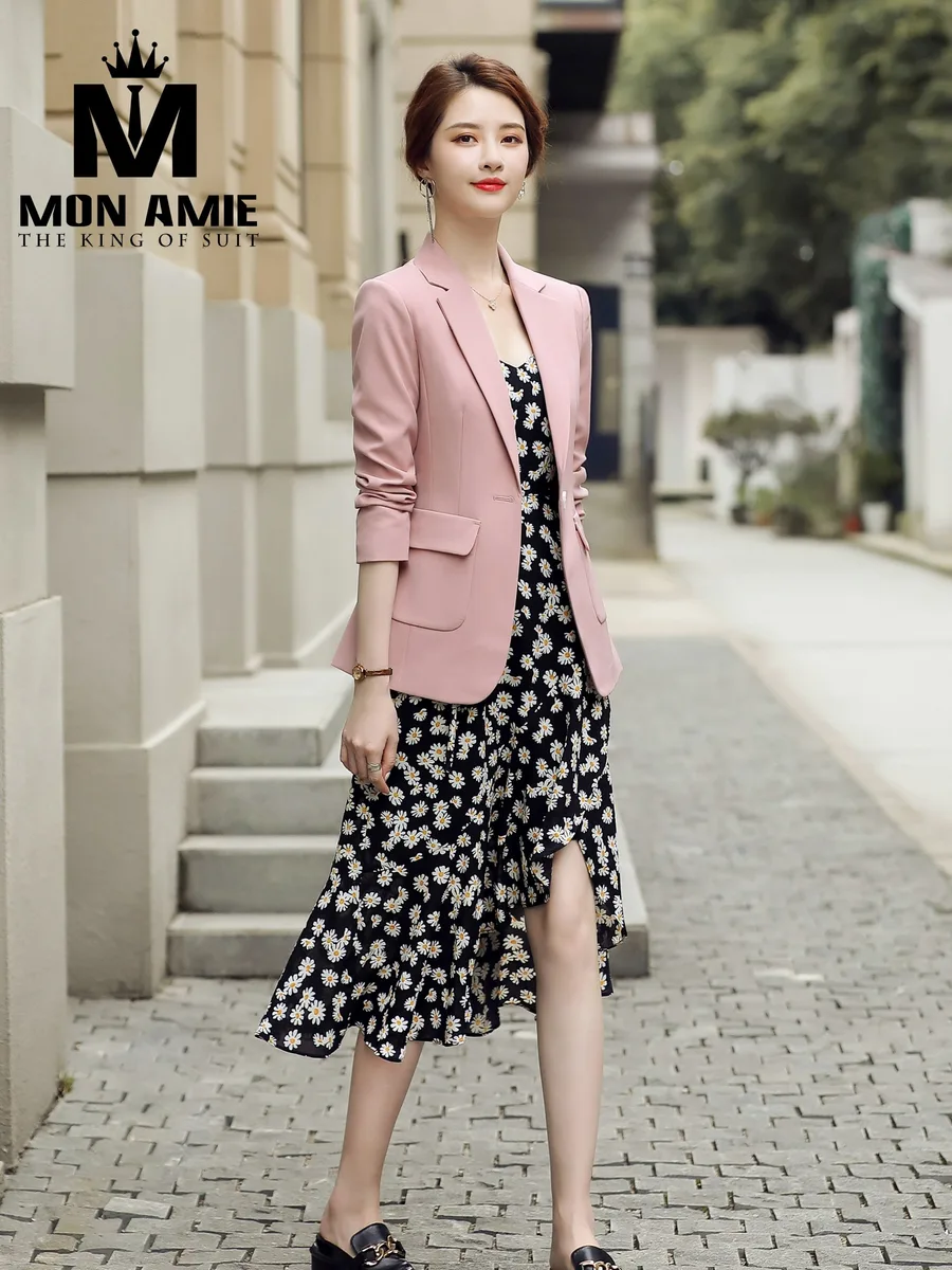 Powder Pink Women's Blazer with Flap Pocket over Daisy Print Dress