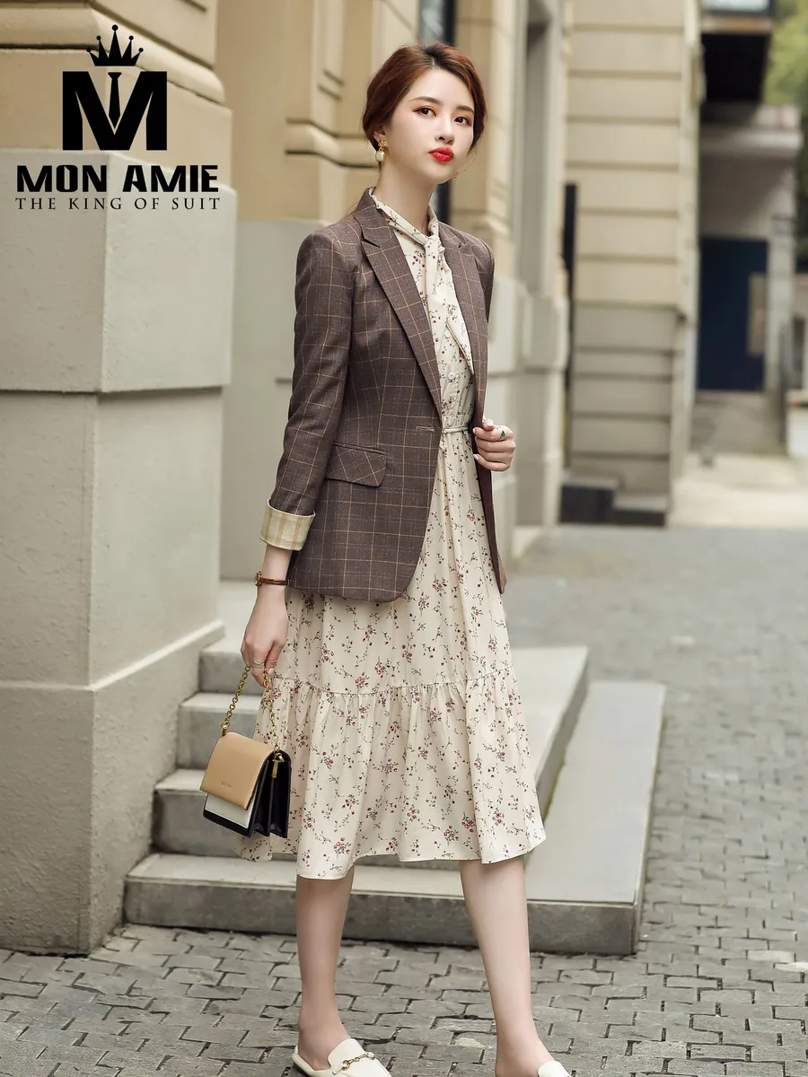 Coffee Brown Check Single-Button Blazer