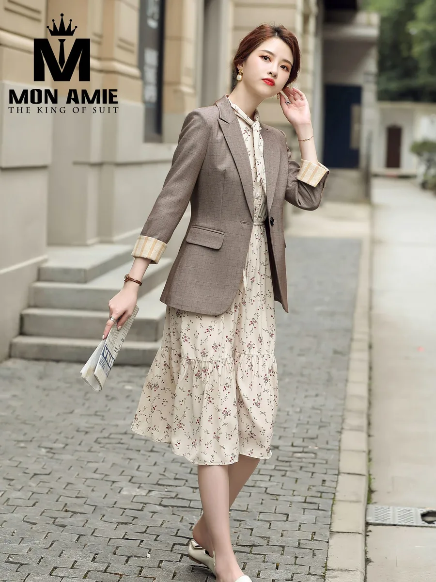 Taupe Window-Pane Single-Button Blazer