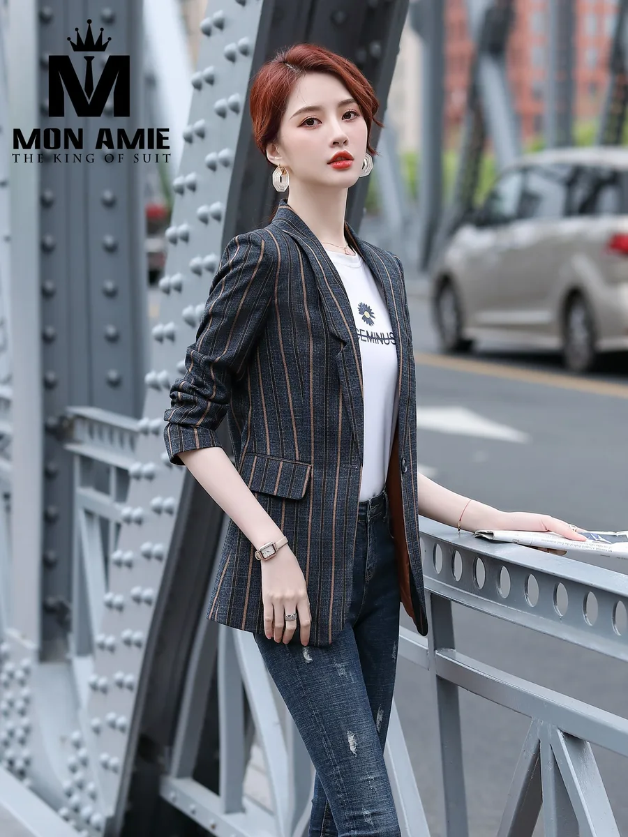 Navy Copper Pinstripe Single-Button Blazer