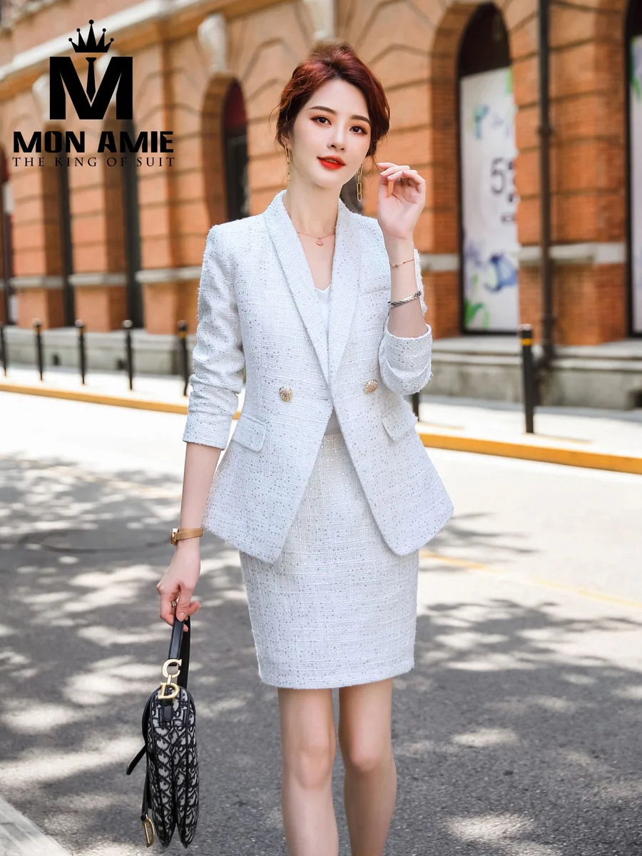 White Silver Sequin Tweed Skirt Suit