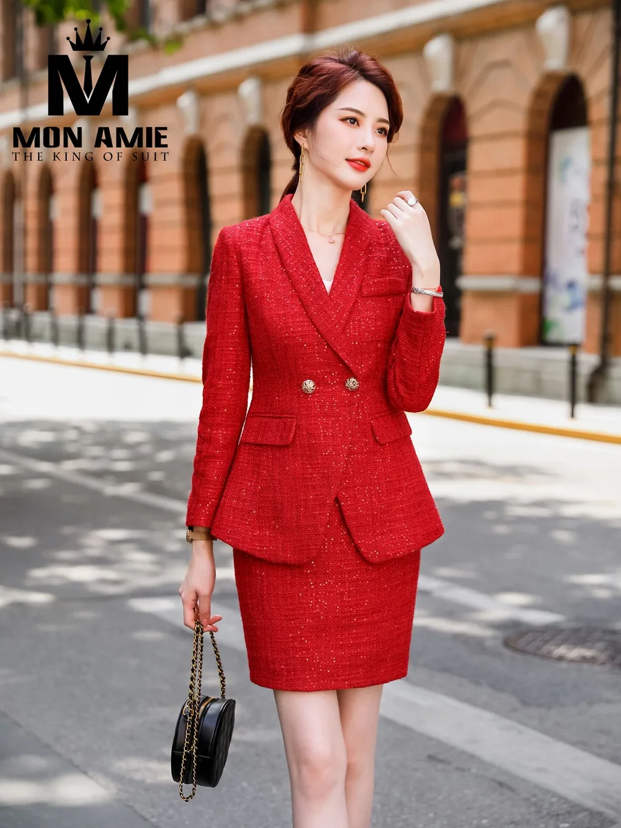 Red Sequin Tweed Peplum Skirt Suit