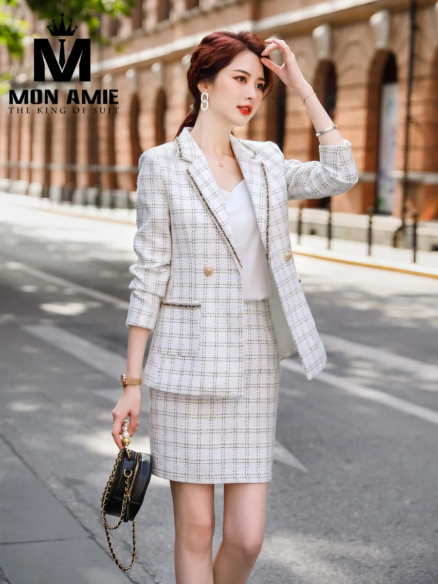 Ivory Olive Check Tweed Skirt Suit