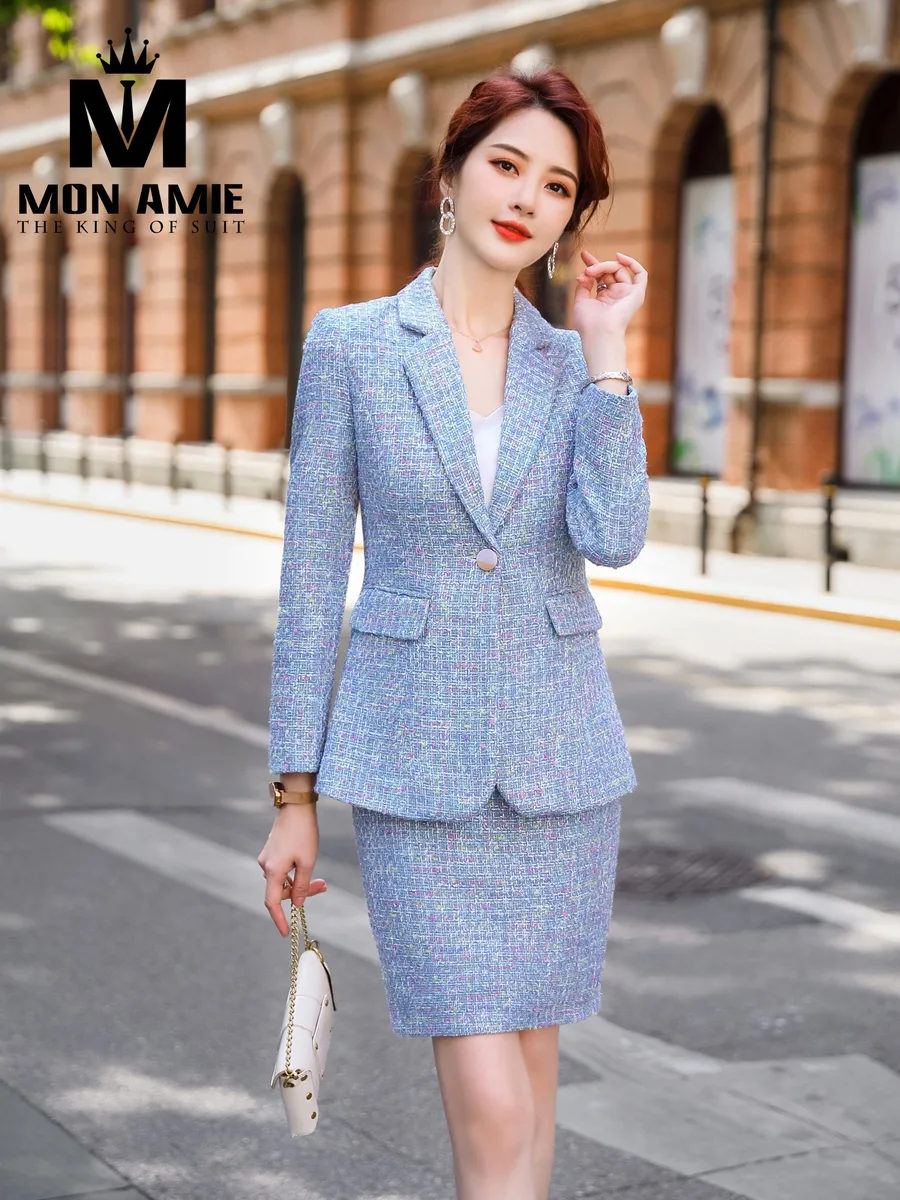 Sky Blue Speckled Tweed Skirt Suit