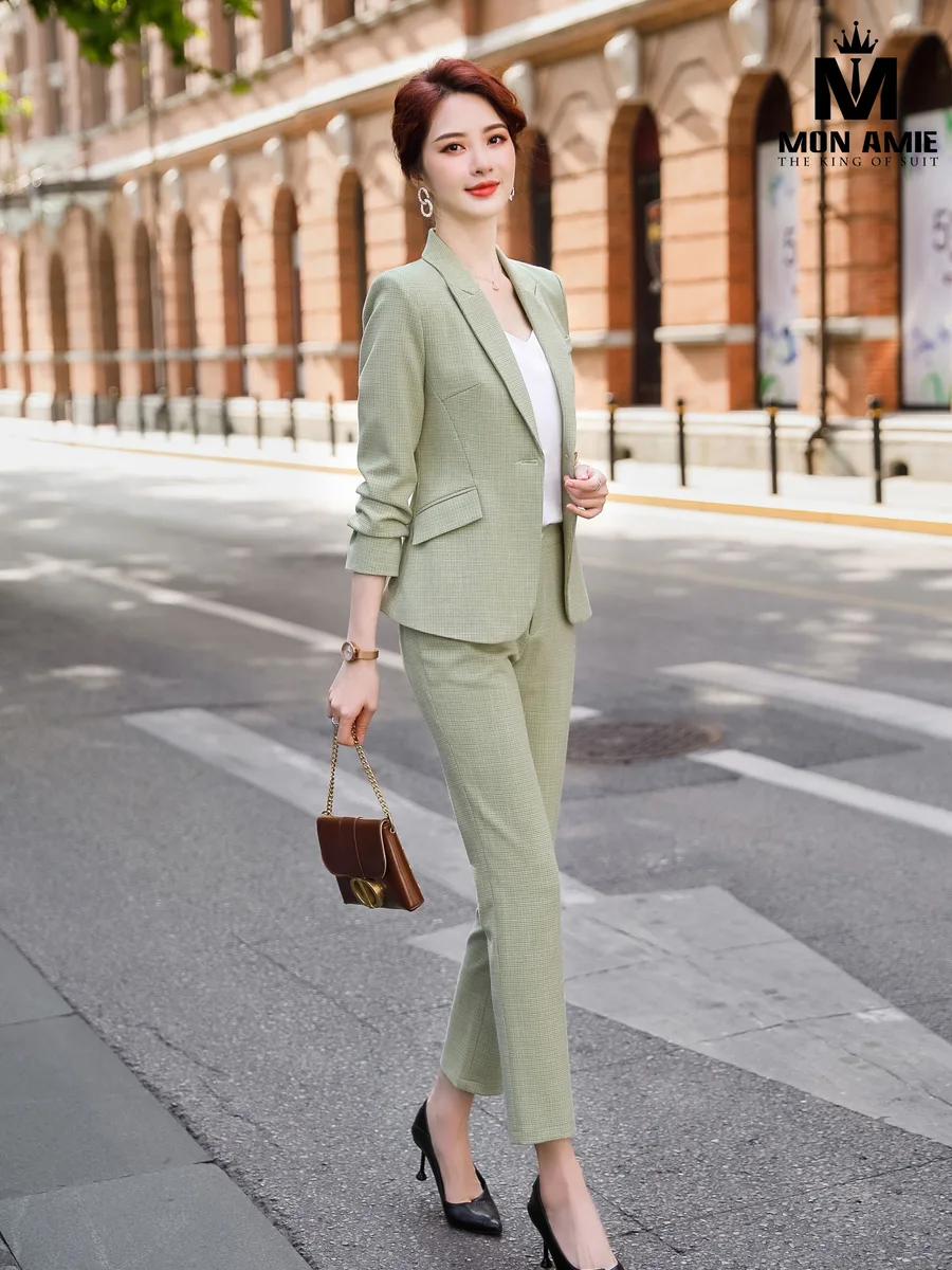 Matcha Green Micro-Check Trouser Suit