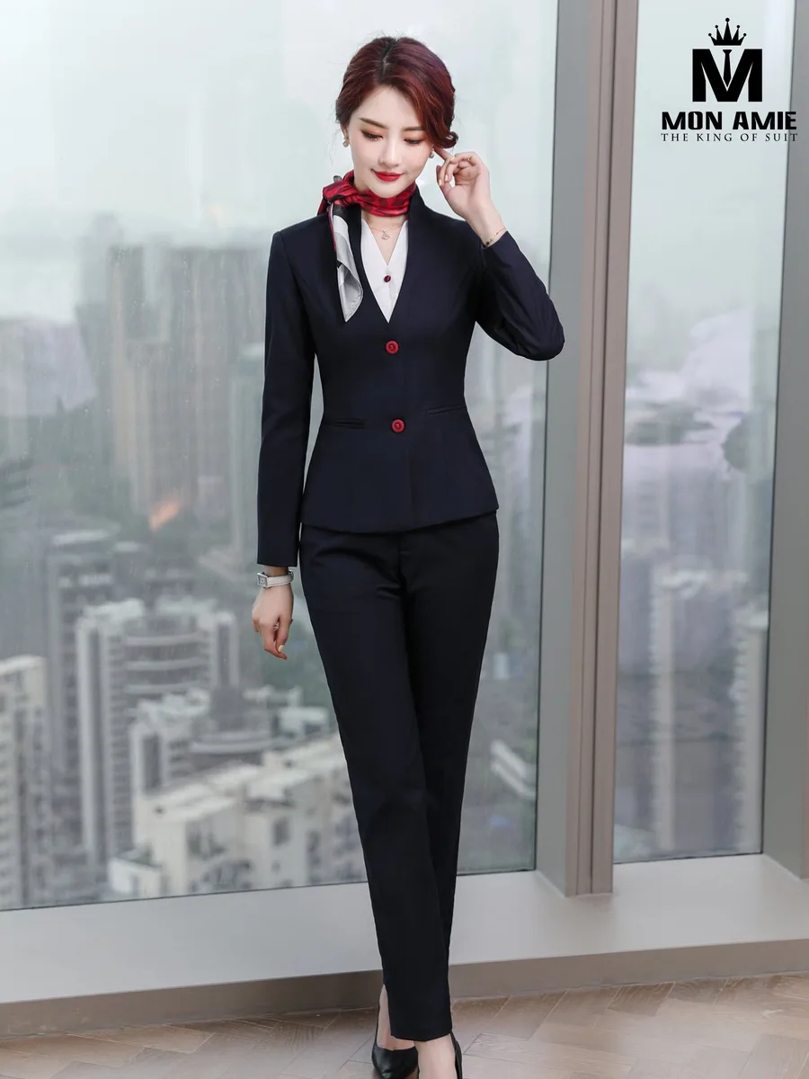 Navy Collarless V-Neck Suit with Red Buttons