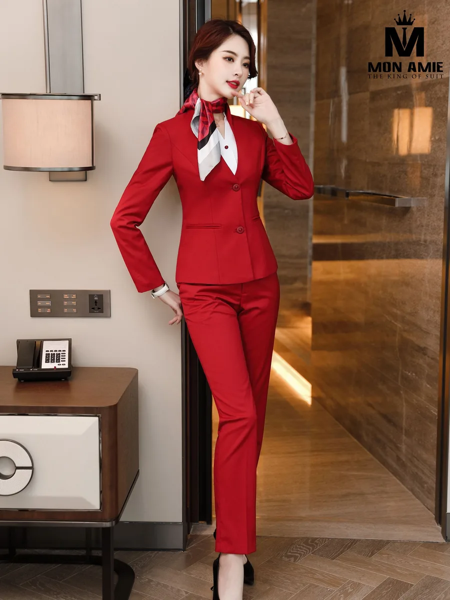 Red V-Neck Trouser Suit