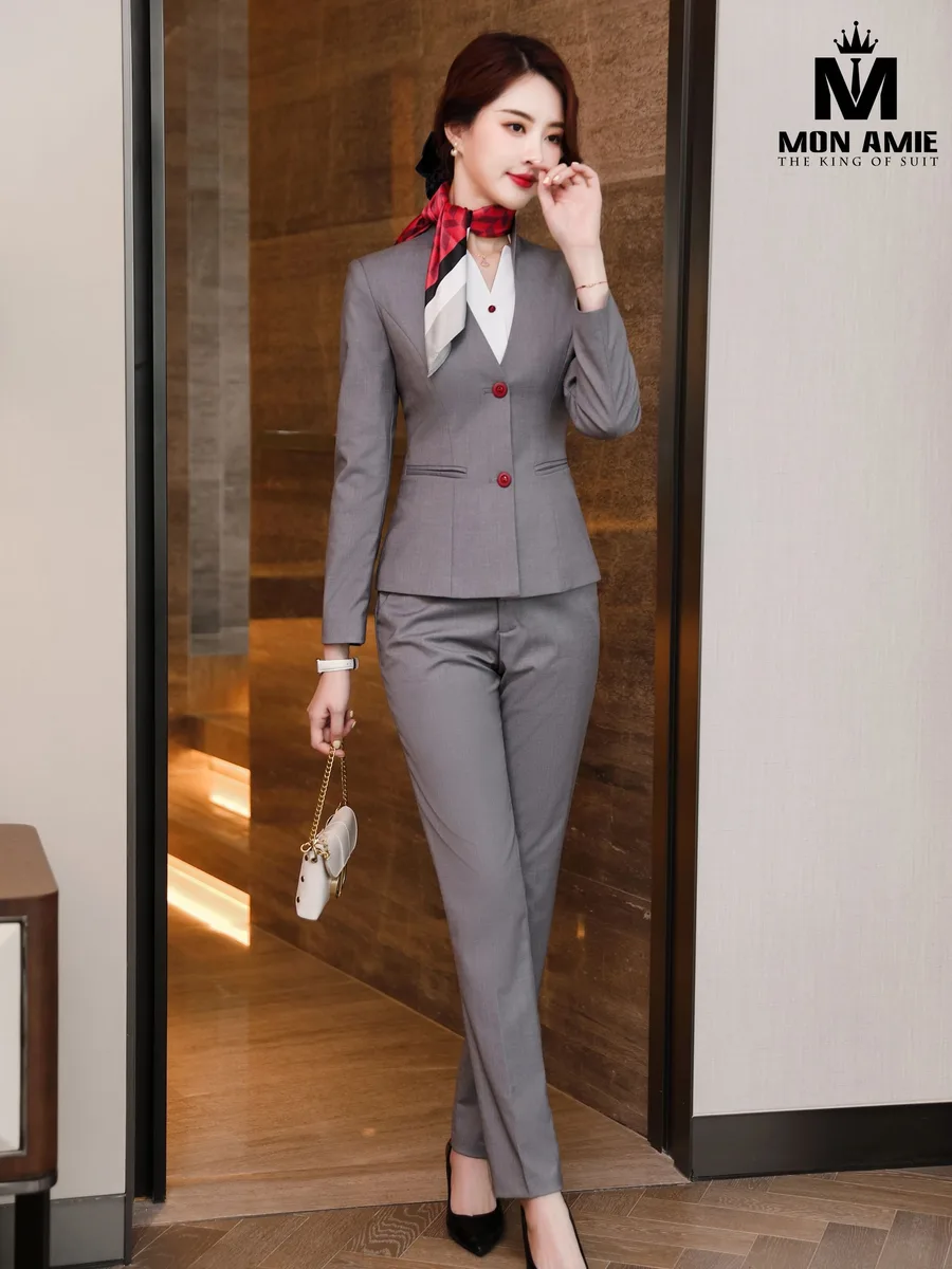 Grey V-Neck Suit with Red Buttons