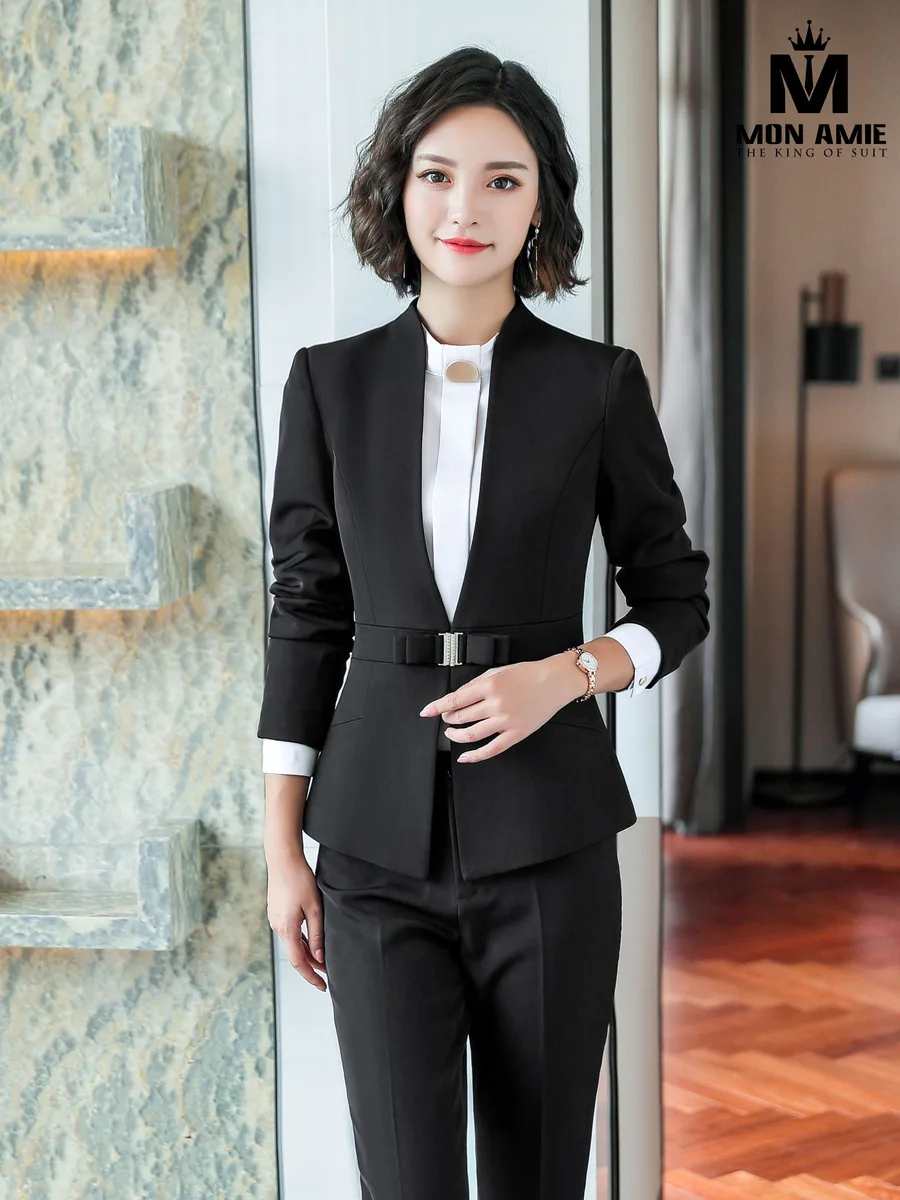 Black Collarless Suit with Gold-Buckle Bow Belt