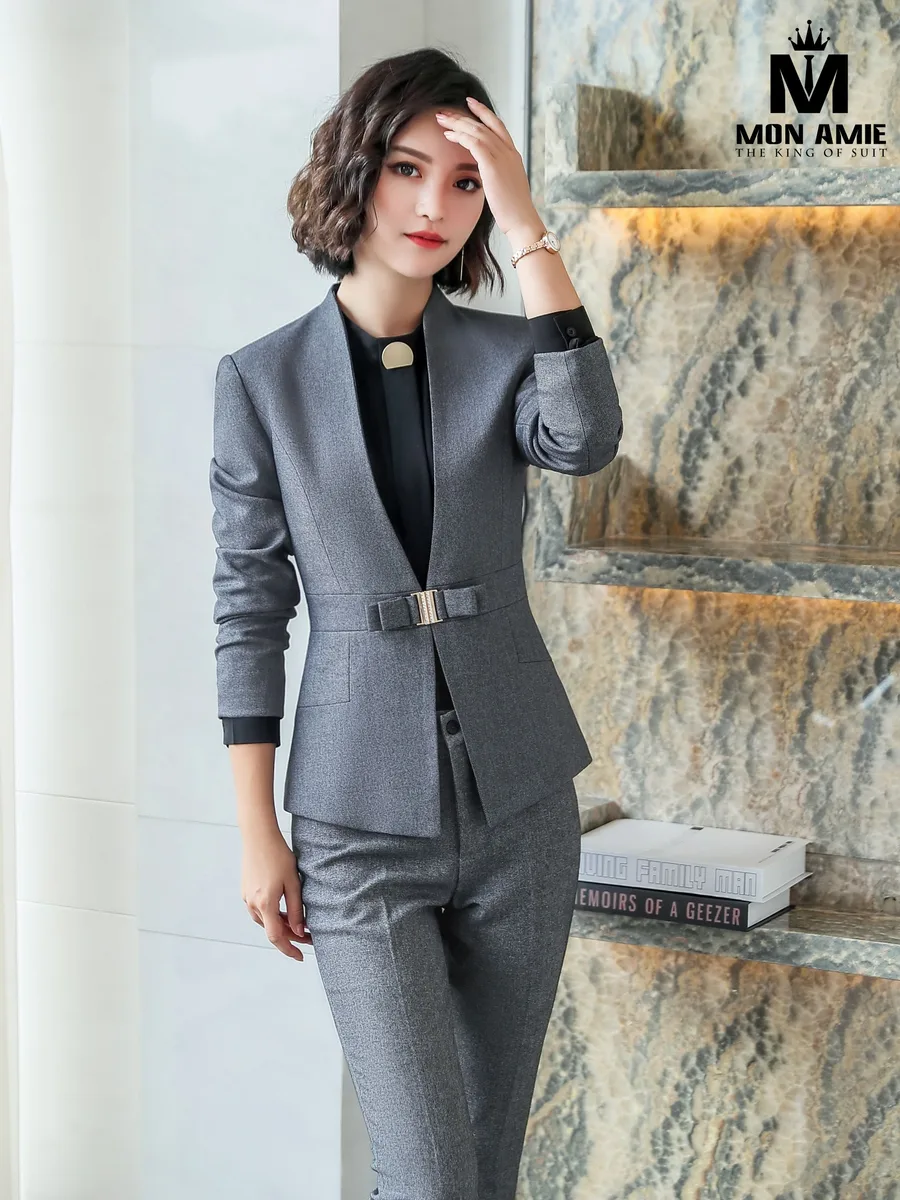 Stone Grey Collarless Suit with Gold-Buckle Bow Belt