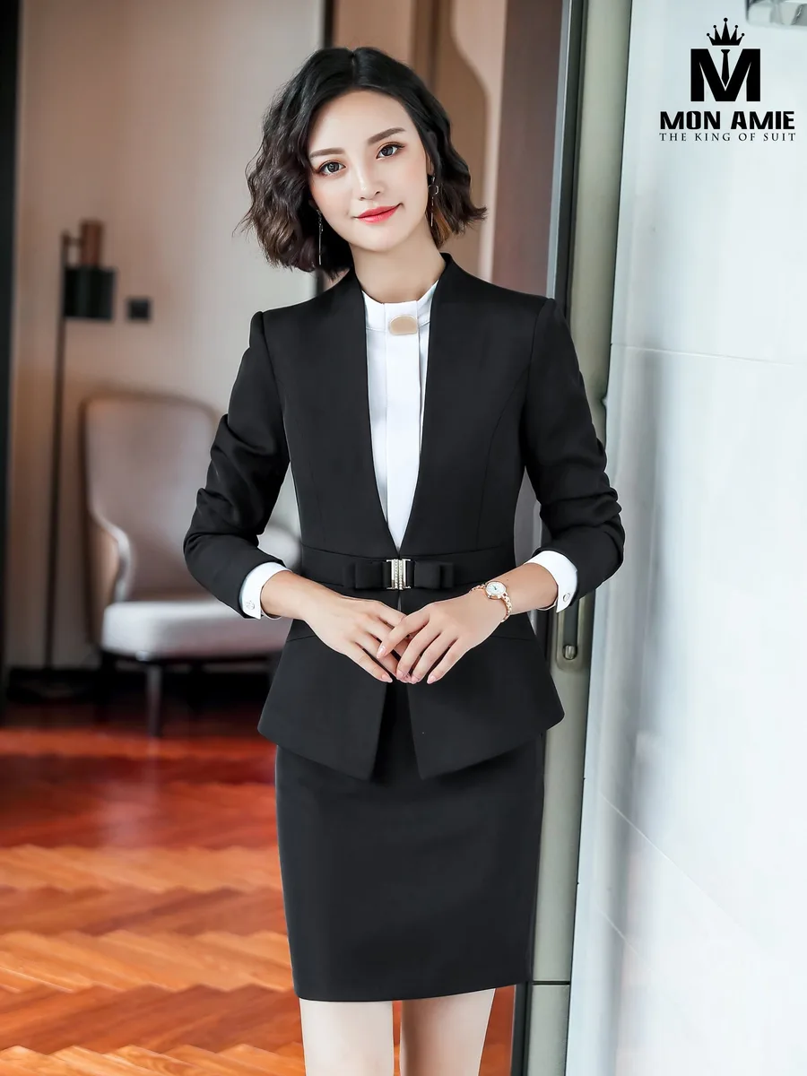 Black Skirt Suit with Gold-Buckle Bow Belt