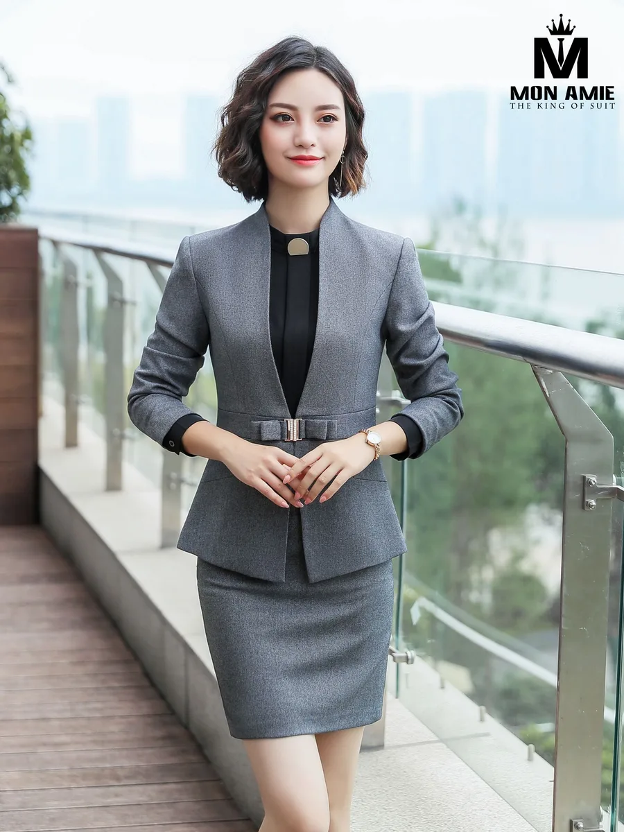 Grey Skirt Suit with Gold-Buckle Bow Belt