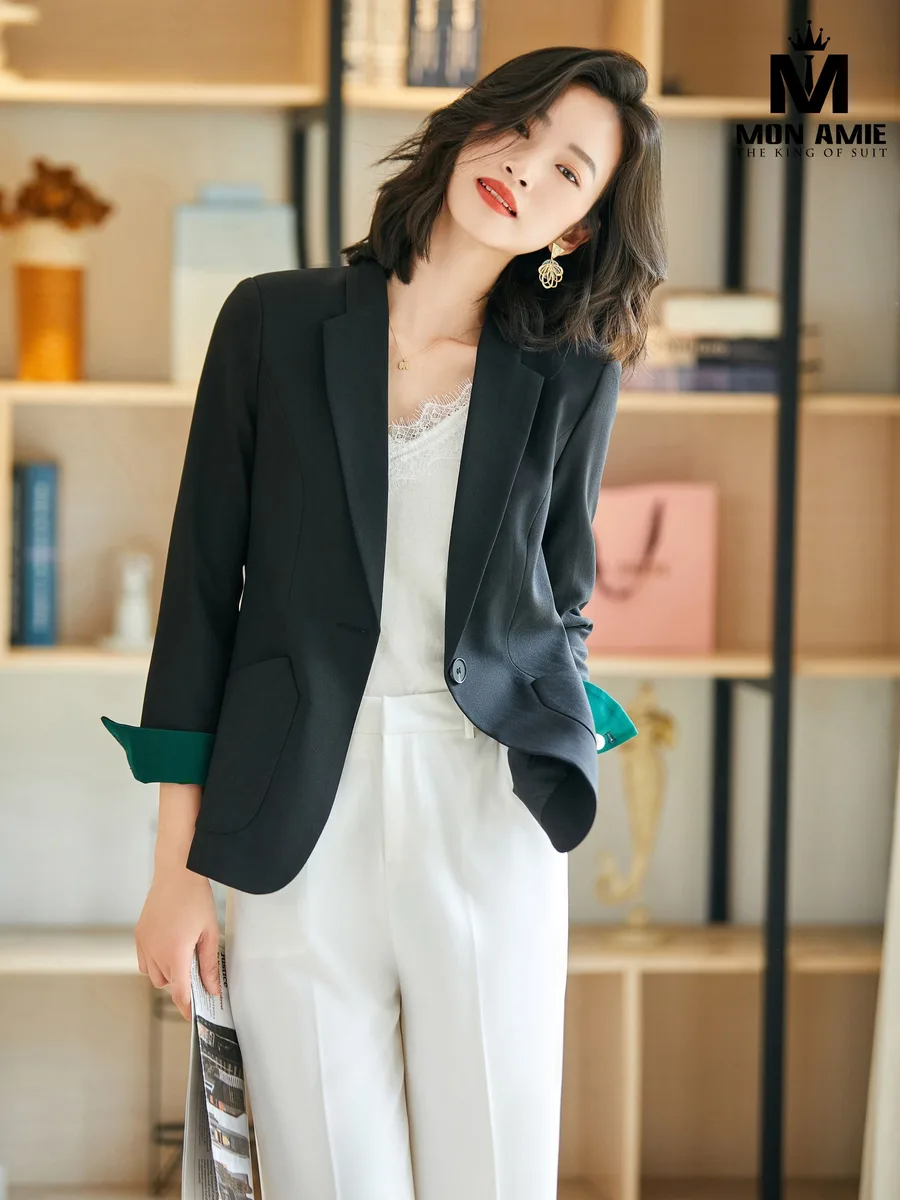 Black Blazer with Rounded Patch Pockets and Green Cuffs