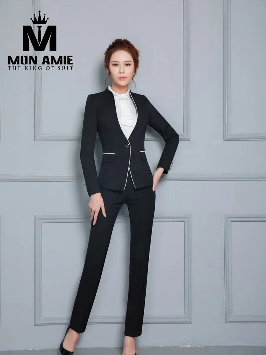 Black V-Neck Women's Suit with White Piping
