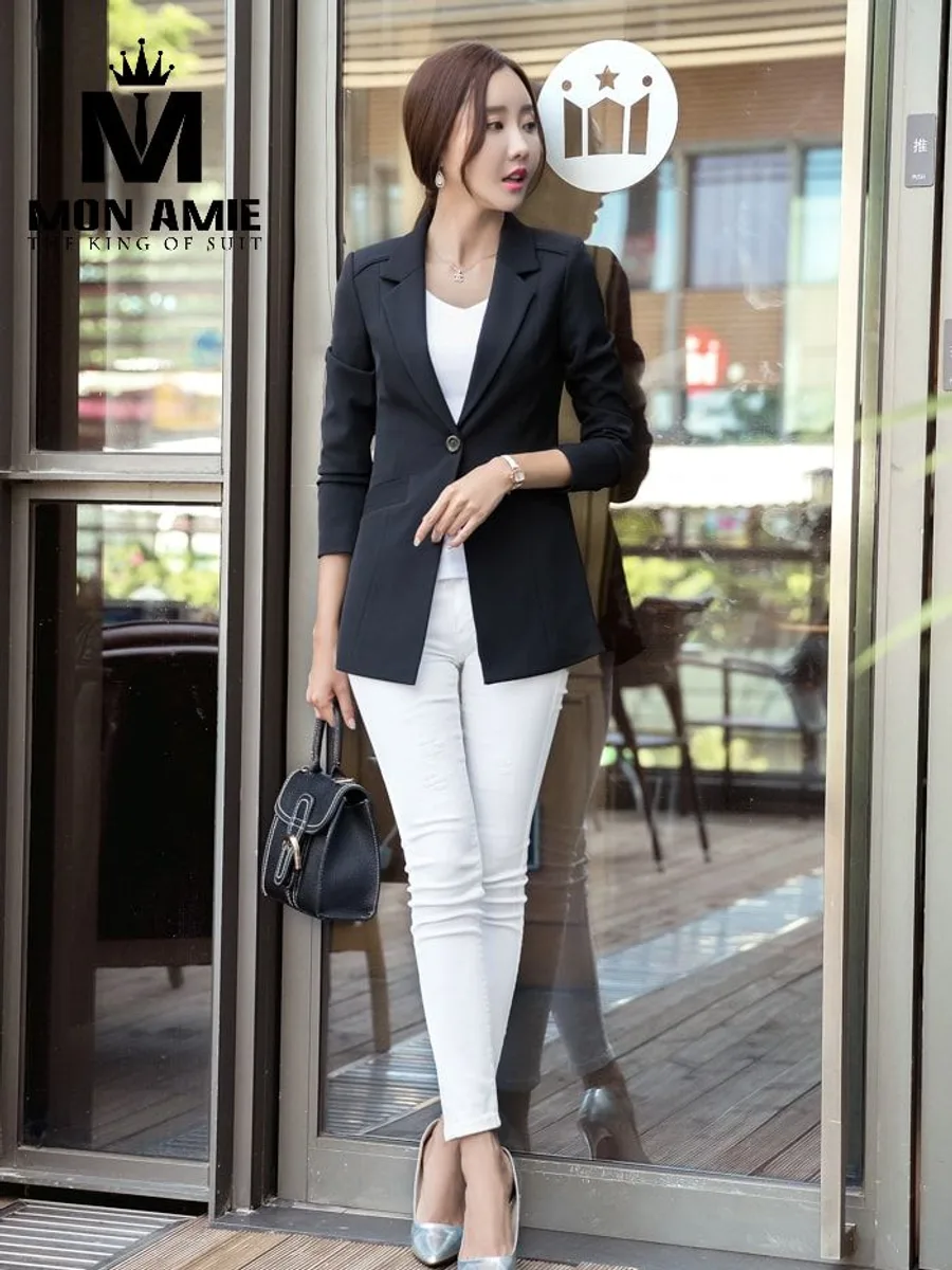 Black Single-Button Blazer with White Trousers