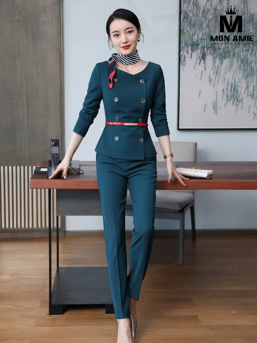 Deep Teal Double-Breasted Peplum Suit with Trousers