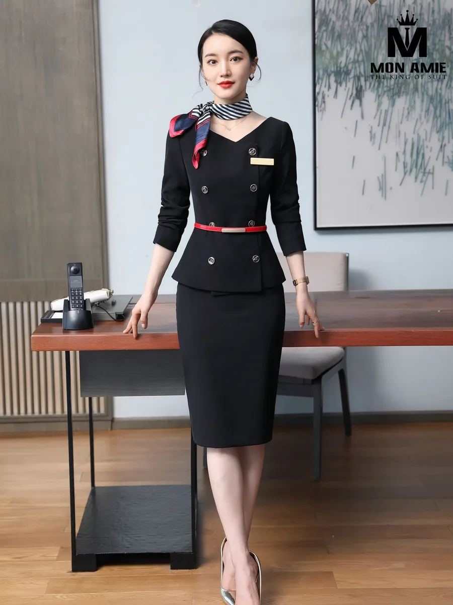 Black Peplum Jacket with Red Belt and Pencil Skirt Suit
