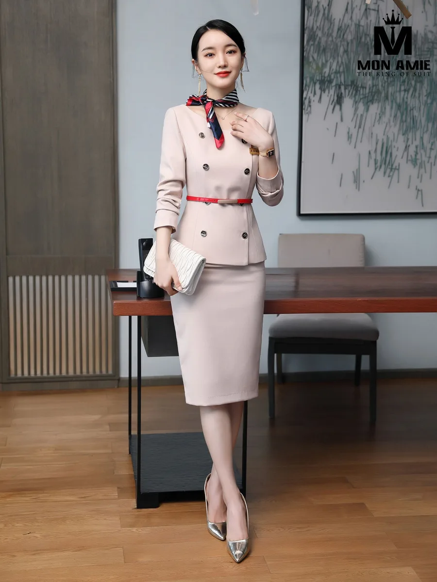 Blush Beige Double-Breasted Jacket with Fitted Skirt Suit