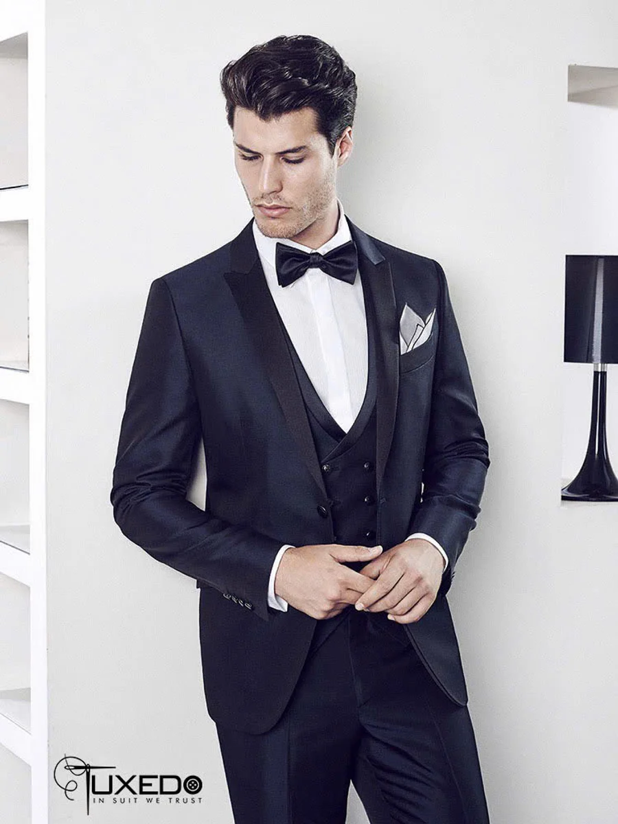 Black Three-Piece Tuxedo with Double-Breasted Vest