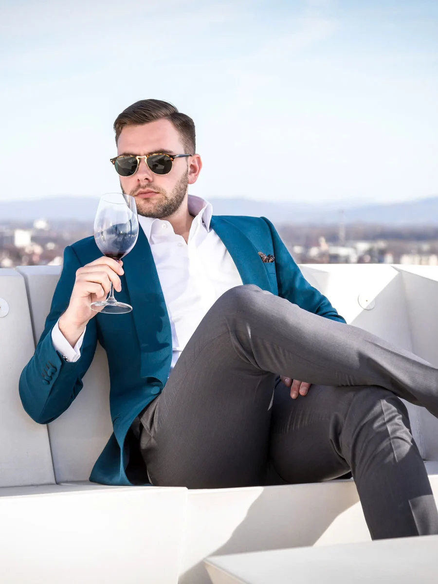 Teal Blazer with Grey Trousers