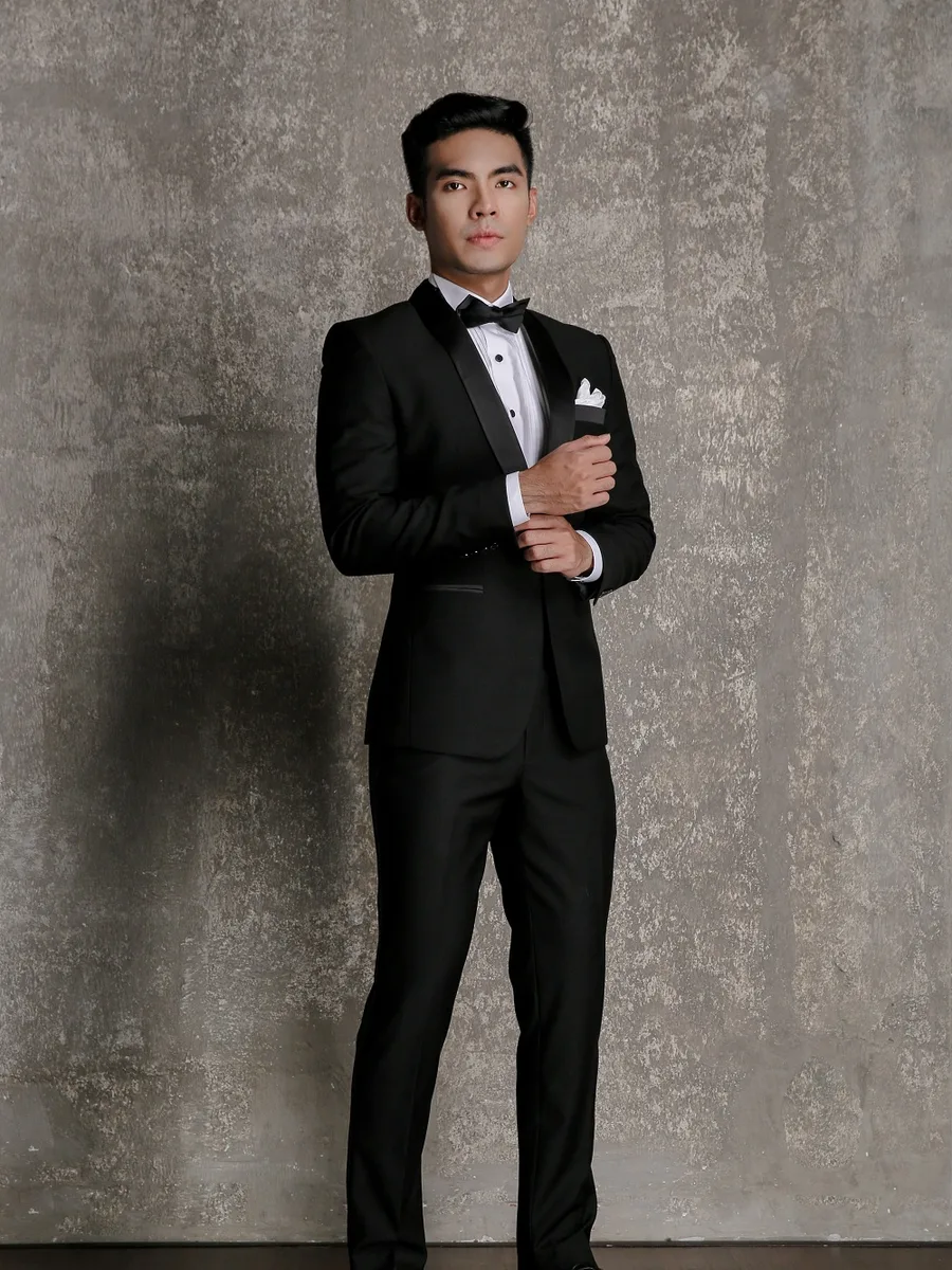 Black Tuxedo, Satin Shawl Lapel, Single Button, White Pocket Square