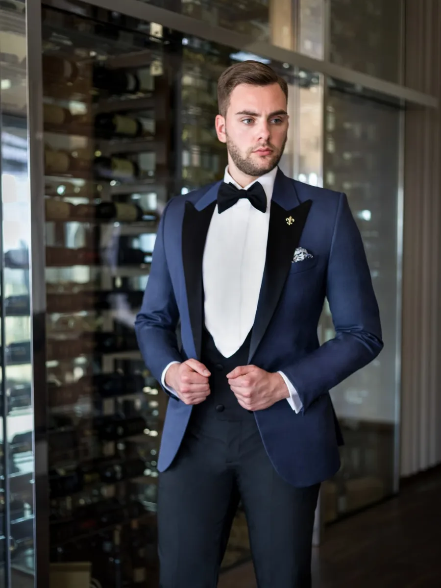 Glossy Navy Tuxedo, U-Neck Waistcoat, Patterned Pocket Square
