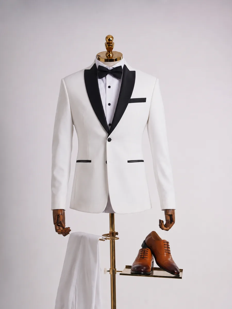 Ivory Dinner Jacket, Black Silk Lapel, Matching White Trousers