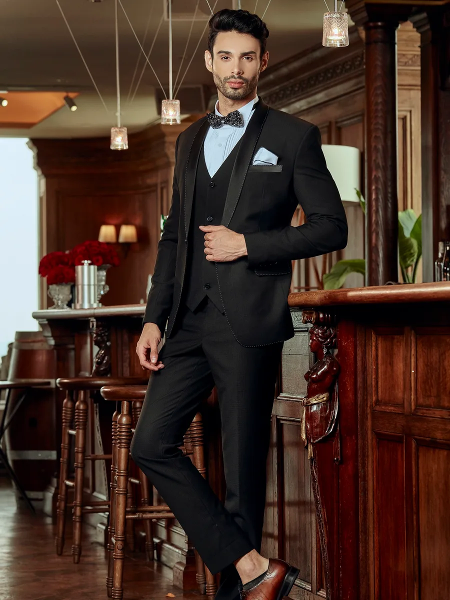 Black Three-Piece Tuxedo, Dotted-Trim Shawl Lapel, Marble-Print Bow Tie