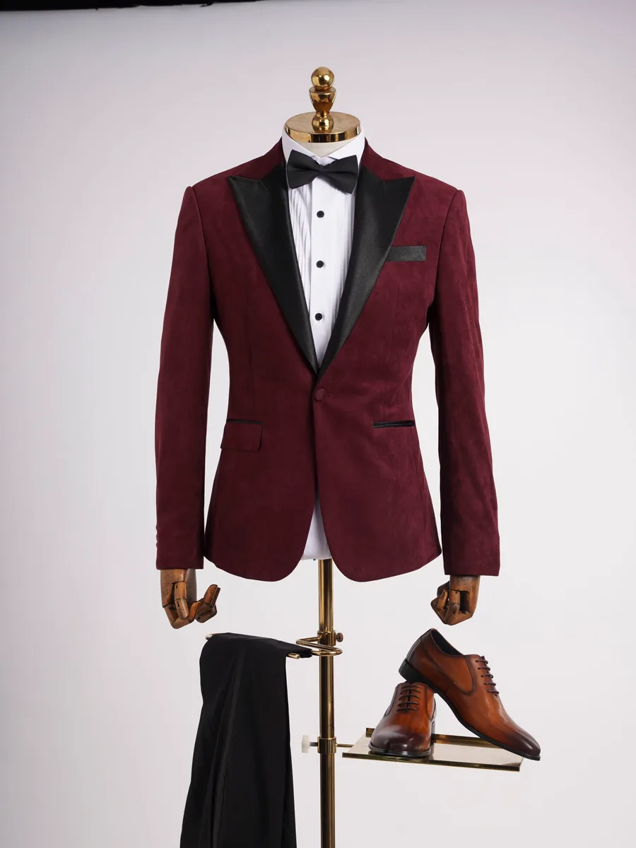 Burgundy Velvet-Look Tuxedo, Satin Peak Lapel, Single Button
