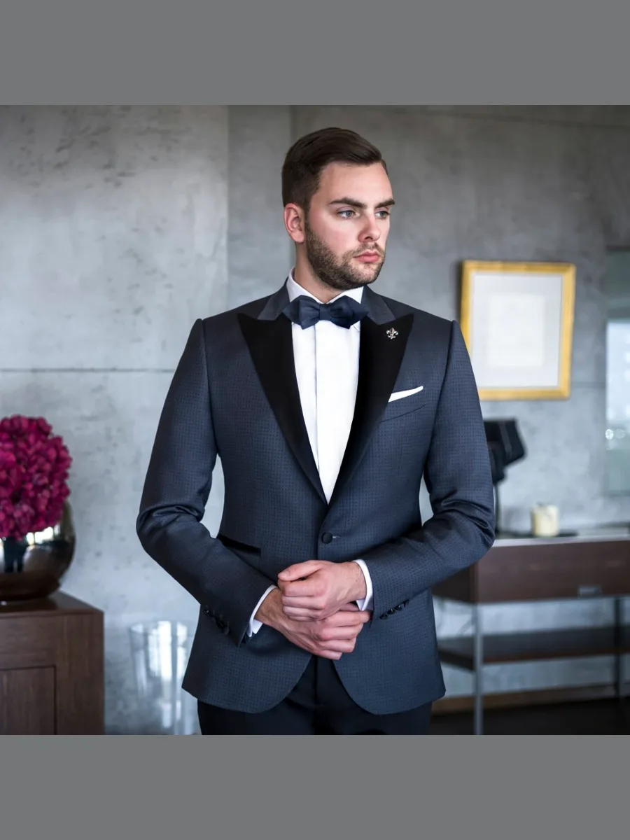 Charcoal-Blue Micro-Dot Tuxedo, Navy Bow Tie