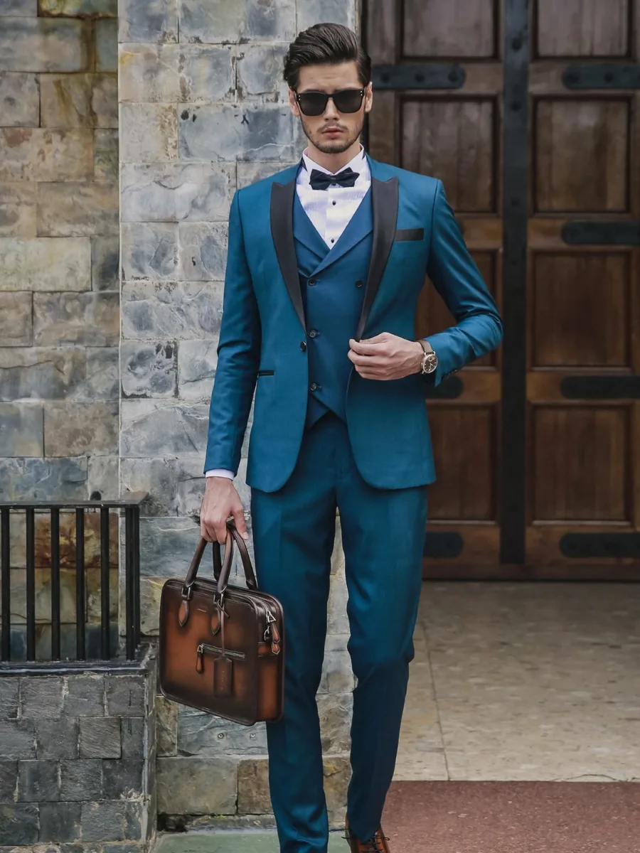 Teal Tuxedo, Black Peak Lapel, Matching Double-Breasted Waistcoat