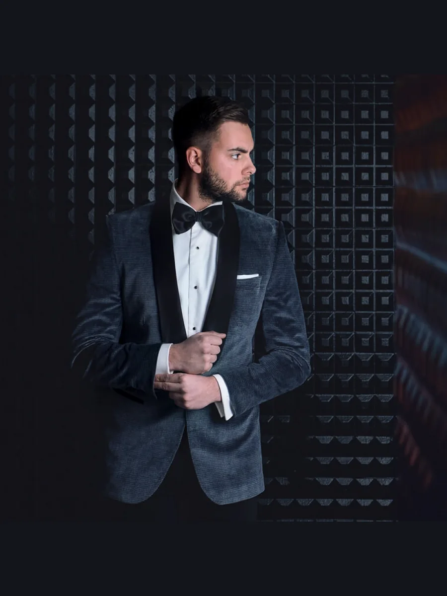 Slate-Blue Ribbed Velvet Tuxedo with Black Satin Shawl Collar