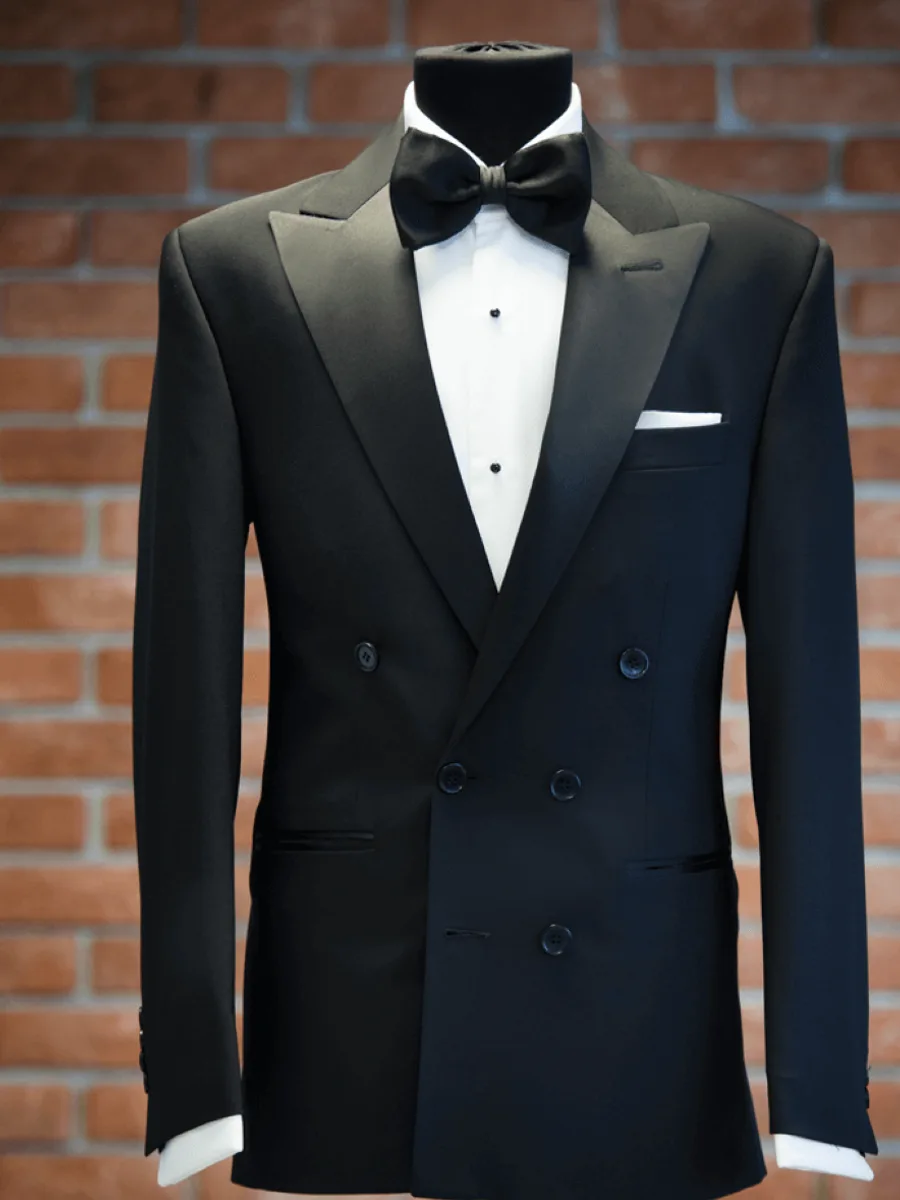 Black Double-Breasted Tuxedo with Peak Lapel and White Pocket Square