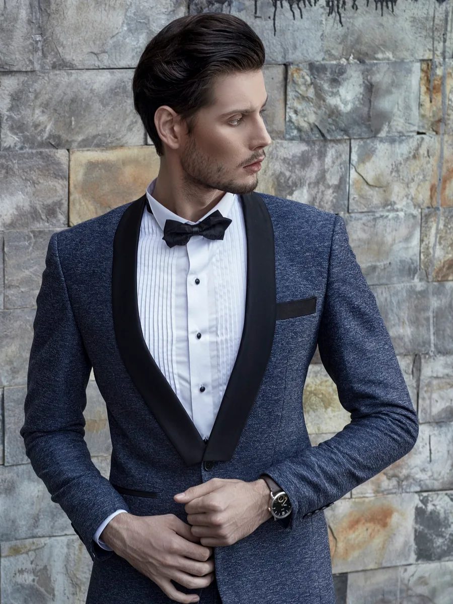 Navy Tweed Melange Tuxedo, Wide Black Shawl Lapel