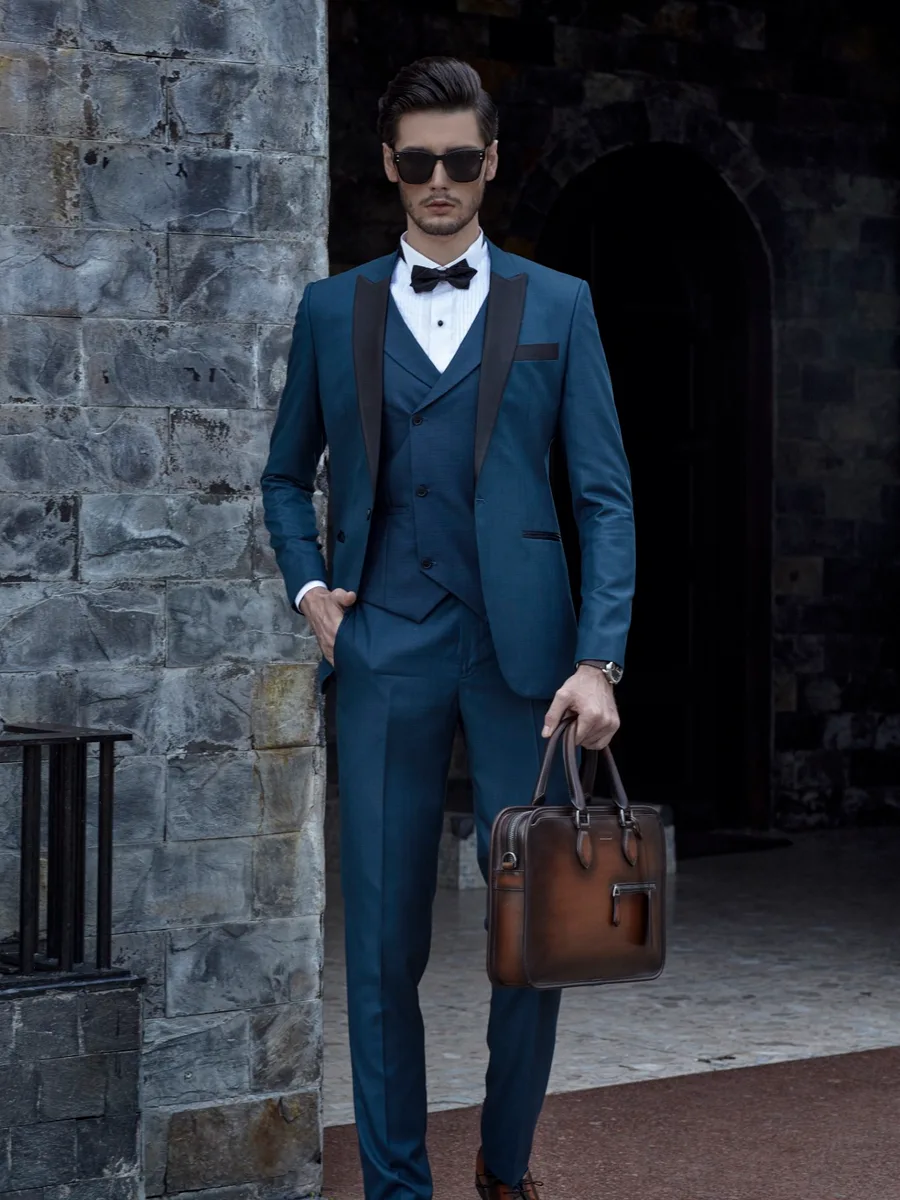 Petrol Teal Three-Piece Tuxedo, Cross-Fastening Waistcoat