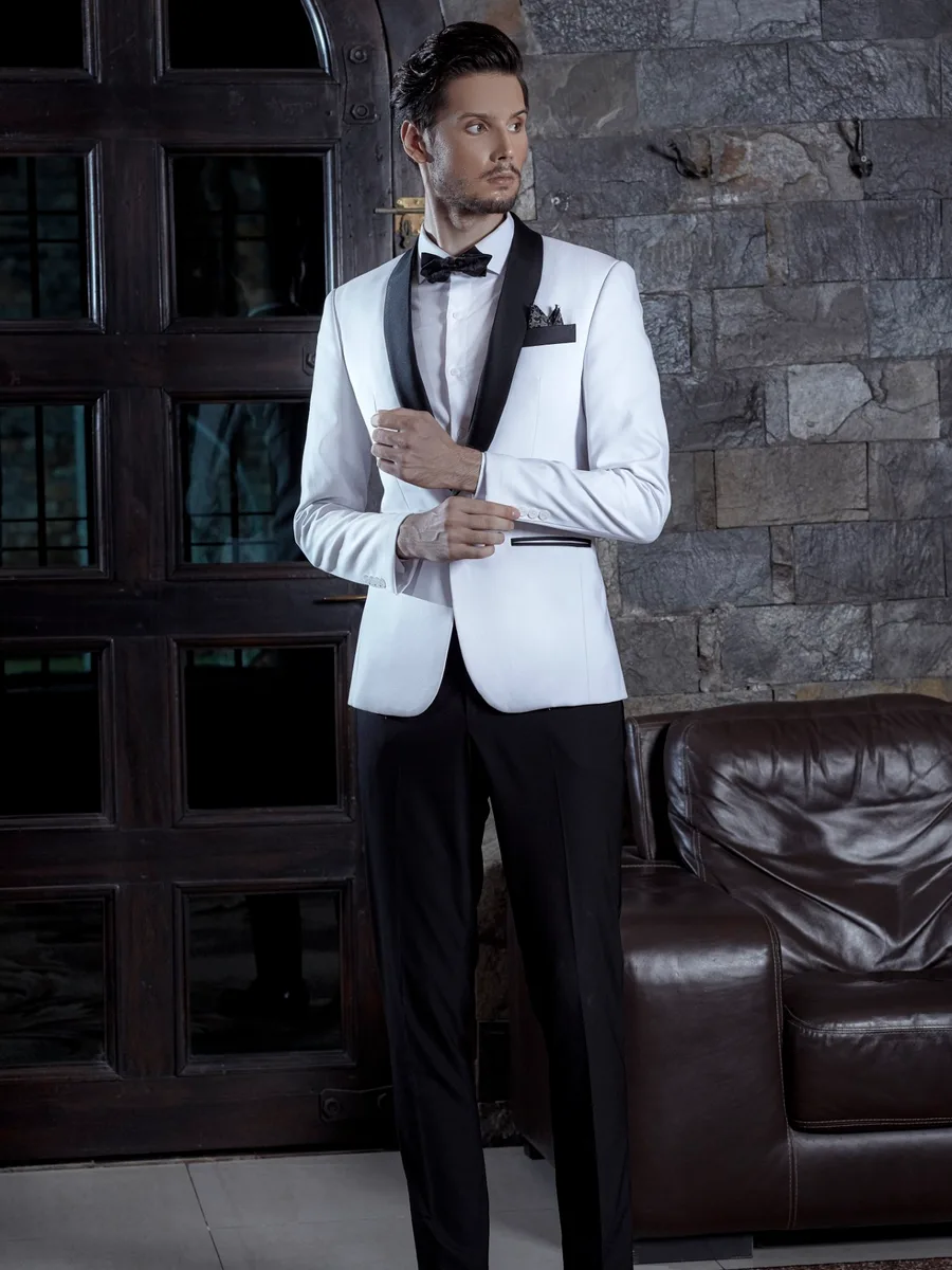 White Single-Button Tuxedo, Black Satin Shawl Lapel