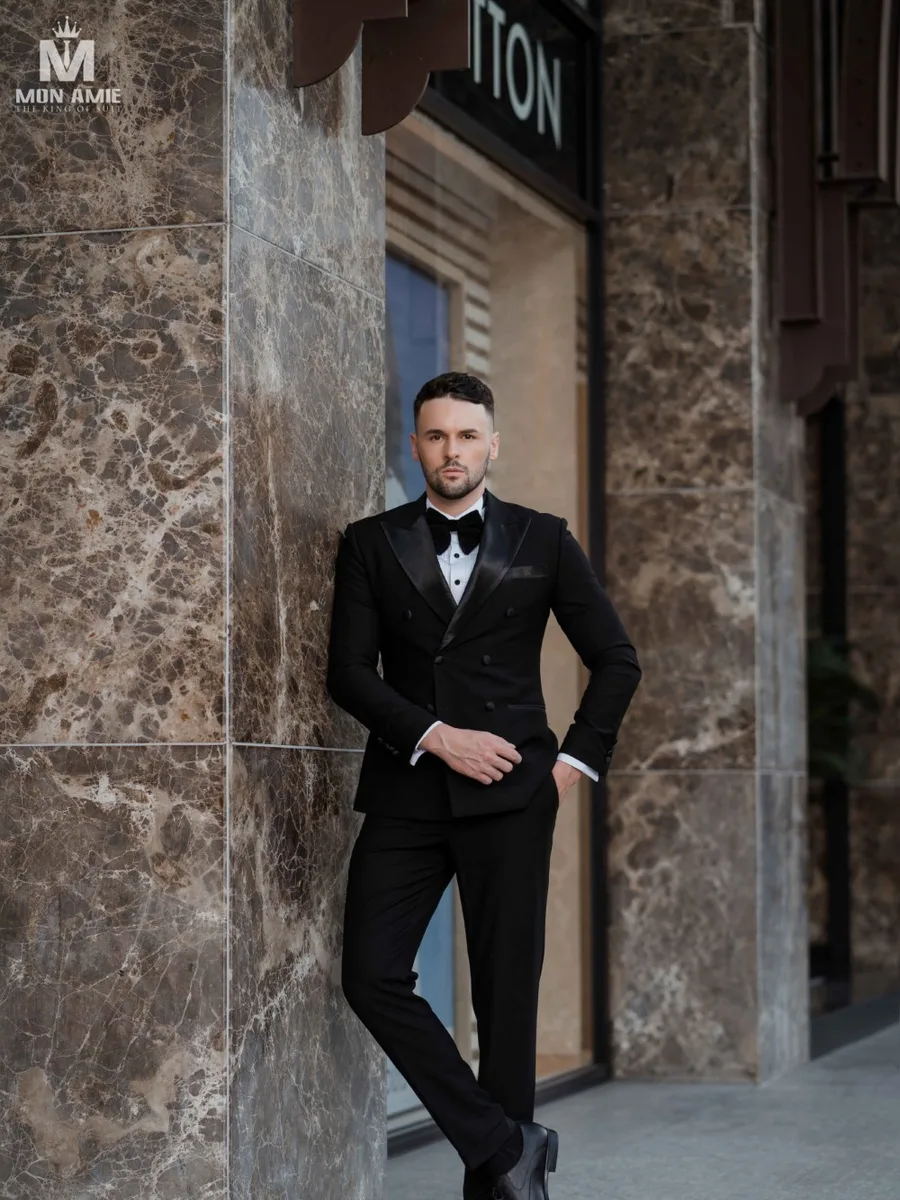 Black Double-Breasted Tuxedo, Satin Peak Lapel, Velvet Bow Tie