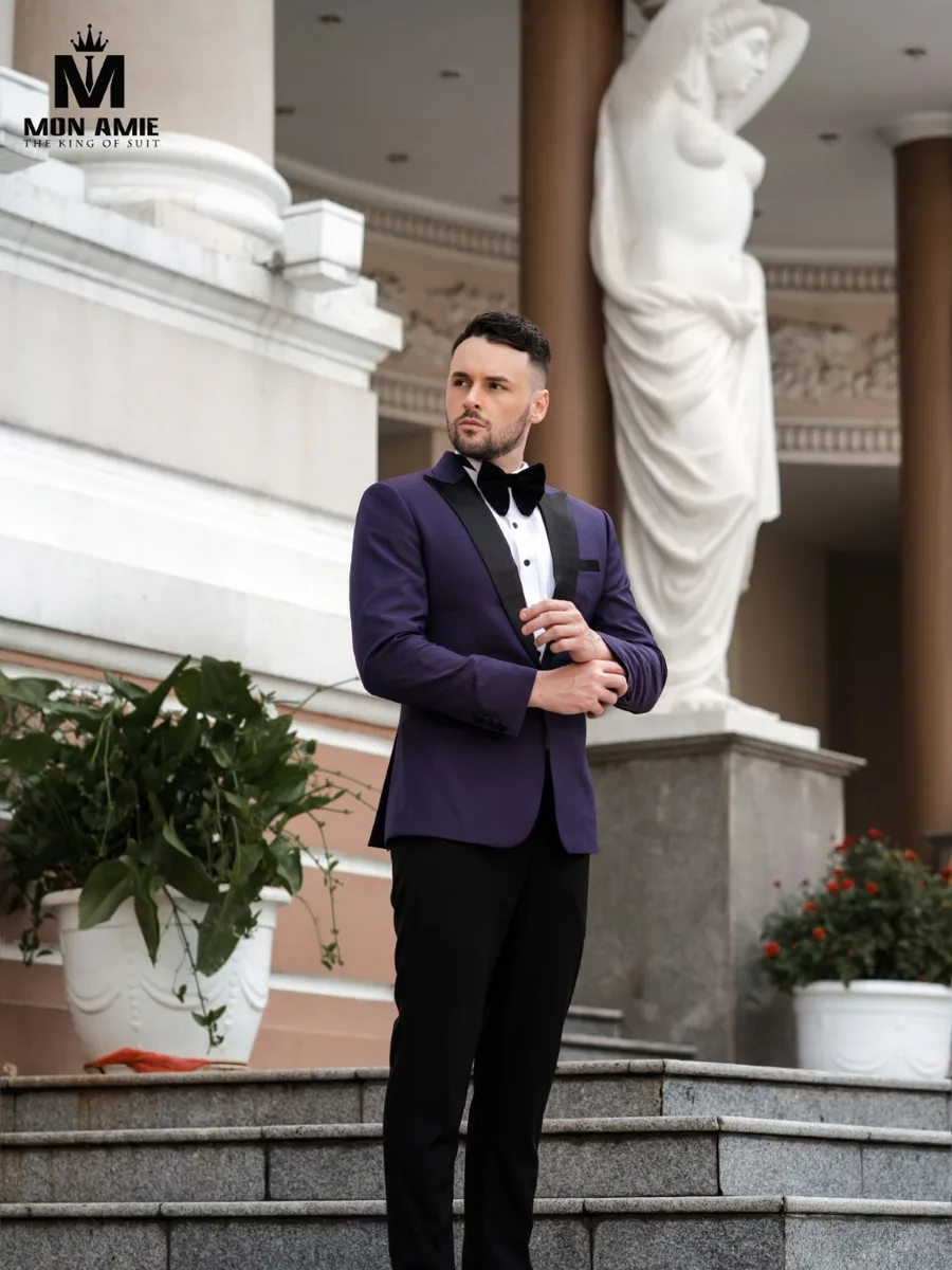 Aubergine Single-Button Tuxedo, Black Satin Peak Lapel