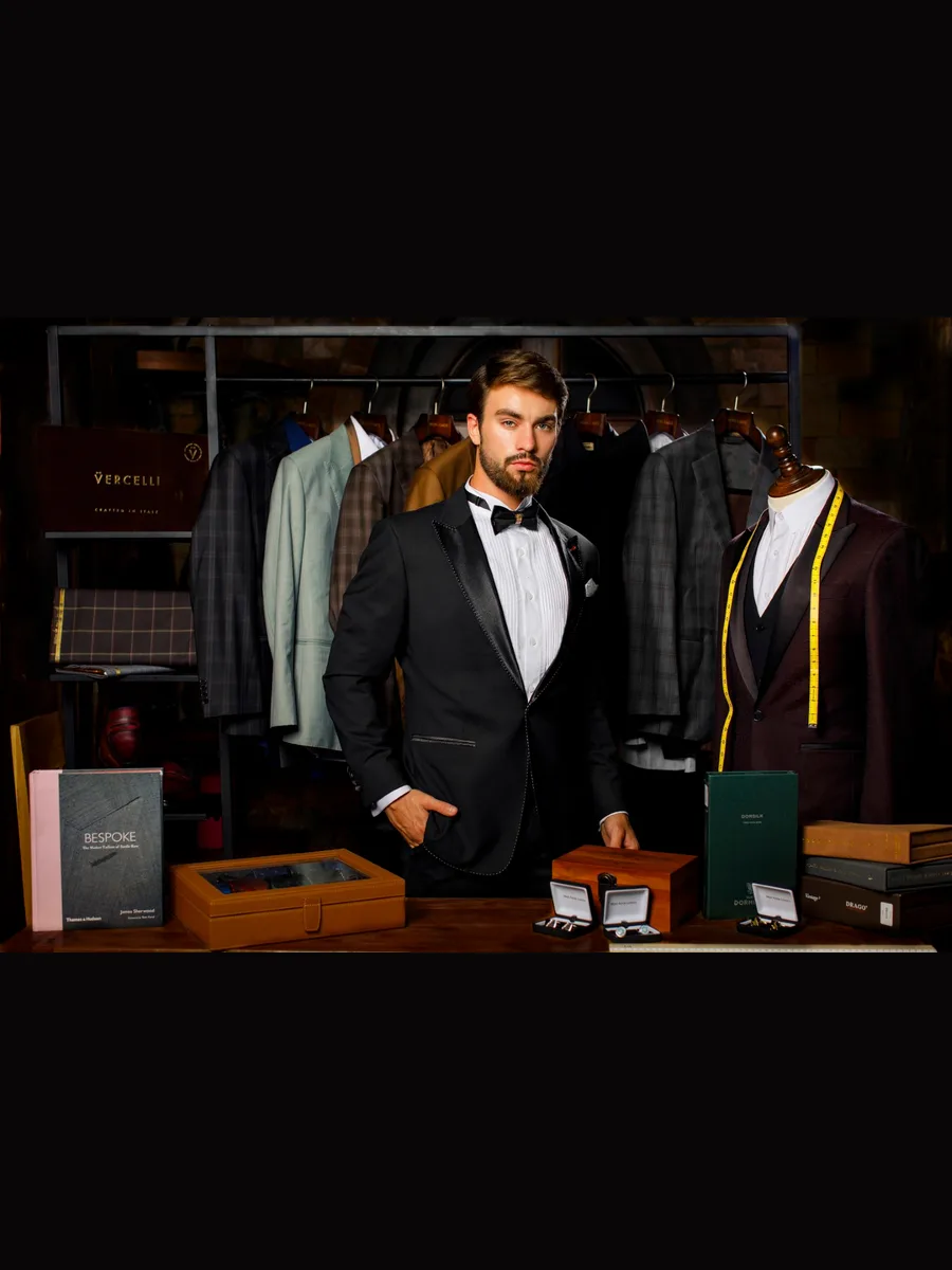 Black Tuxedo, Satin Peak Lapel with Dotted Trim, Pleated Shirt