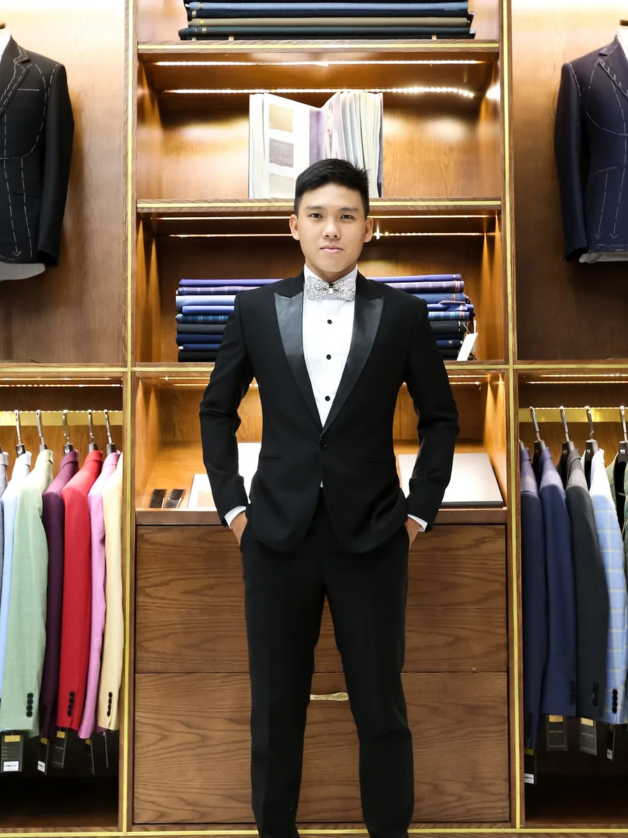 Black Single-Button Tuxedo, Satin Peak Lapel, Silver Crystal Bow Tie